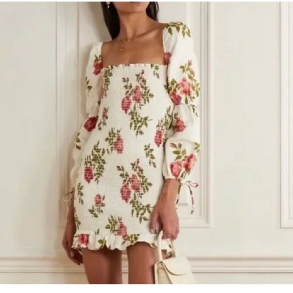 Reformation Linen Hilary Floral Smocked Dress with Puff Sleeves  XS